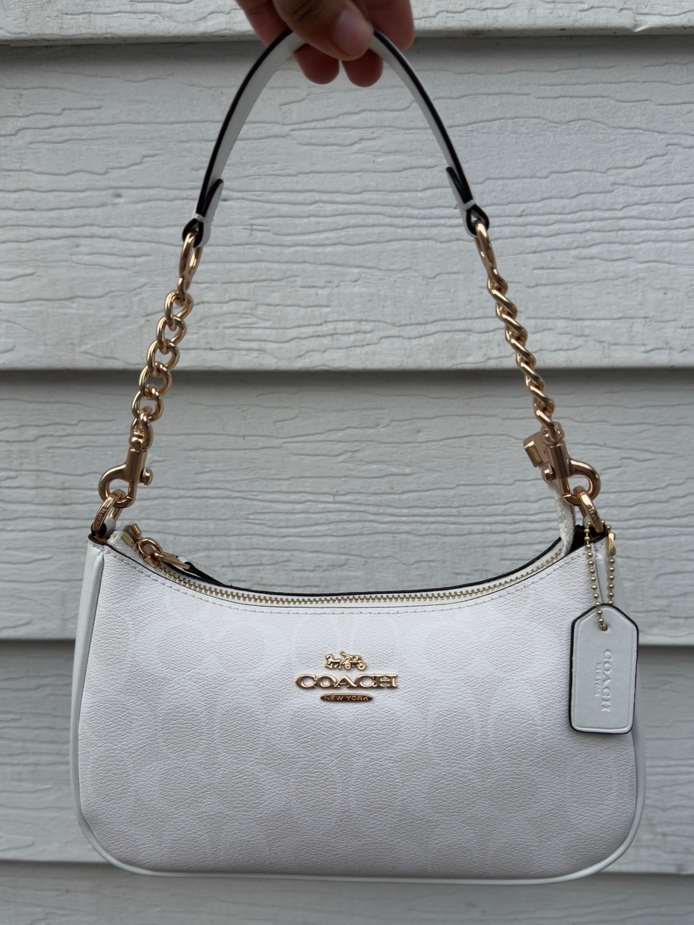 Coach Teri White Signature Canvas Shoulder Bag with Gold Hardware